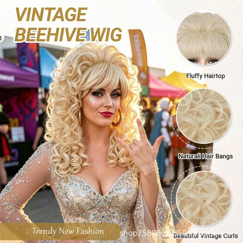 European and American female singer cosplay wig, golden bangs, high crown, curly hair, Dolly Parton style, synthetic fiber wig, wholesale