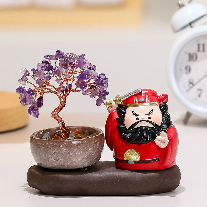 办公文化用品钟馗摆件黄紫水晶发财树办公室工位好运发财树小礼品|undefined