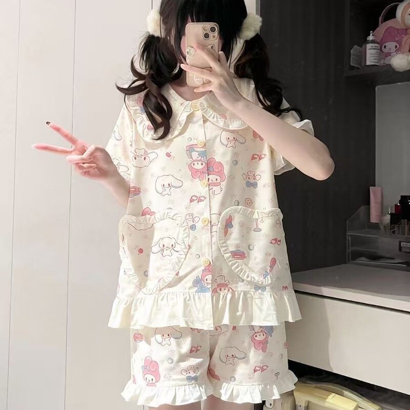 Japanese-Style Cute My Melody Pajamas for Women, Summer Short-Sleeve Shorts, Doll Collar Two-Piece Set, Princess-Style Loungewear for Girls Japanese-Style Cute My Melody Pajamas for Women, Summer Short-Sleeve Shorts, Doll Collar Two-Piece Set, Princess-Style Loungewear for Girls