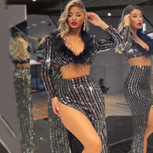 欧美夜店女歌手演出服亮片羽毛性感低领高开叉包臀连衣裙宴会礼服
