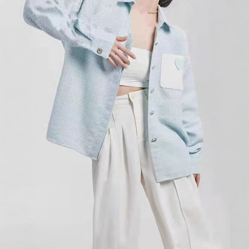 撞色皮革爱心口袋蓝色小香风少女粗花呢衬衫外套女新款气质外套|undefined