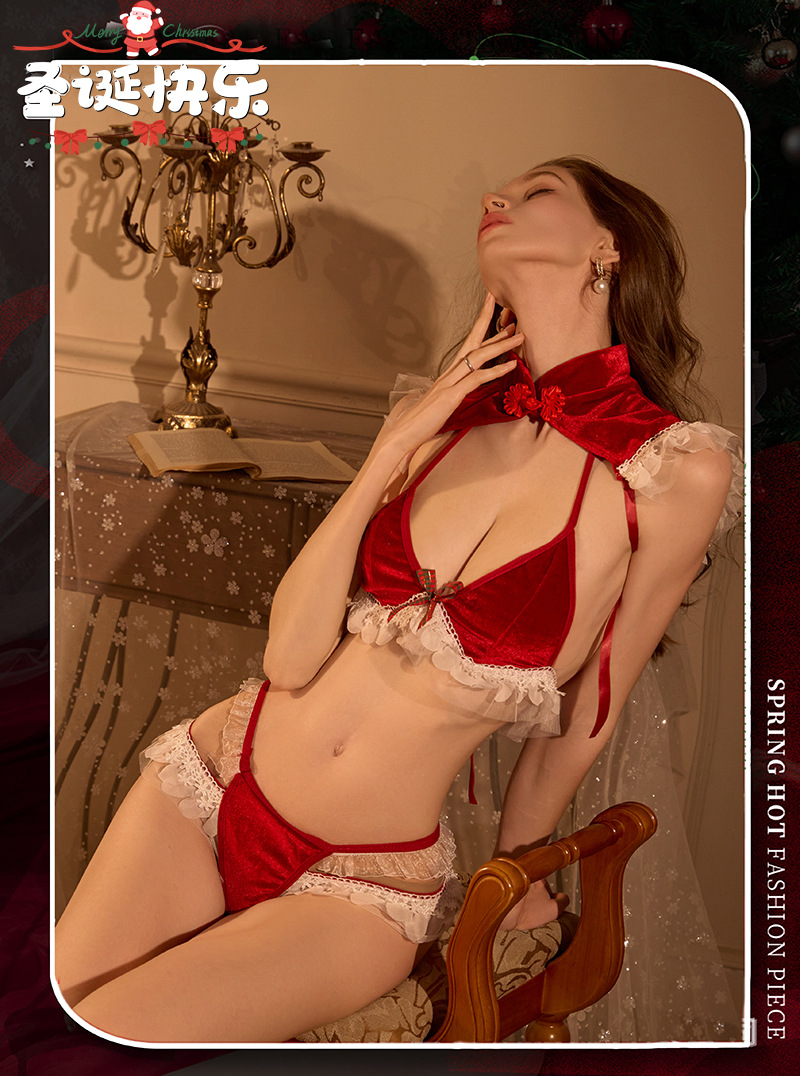 Christmas Bunny Elk Role Play Lingerie Set with Cape, Bra, Panty and Red Fishnet Stockings — detail image 4