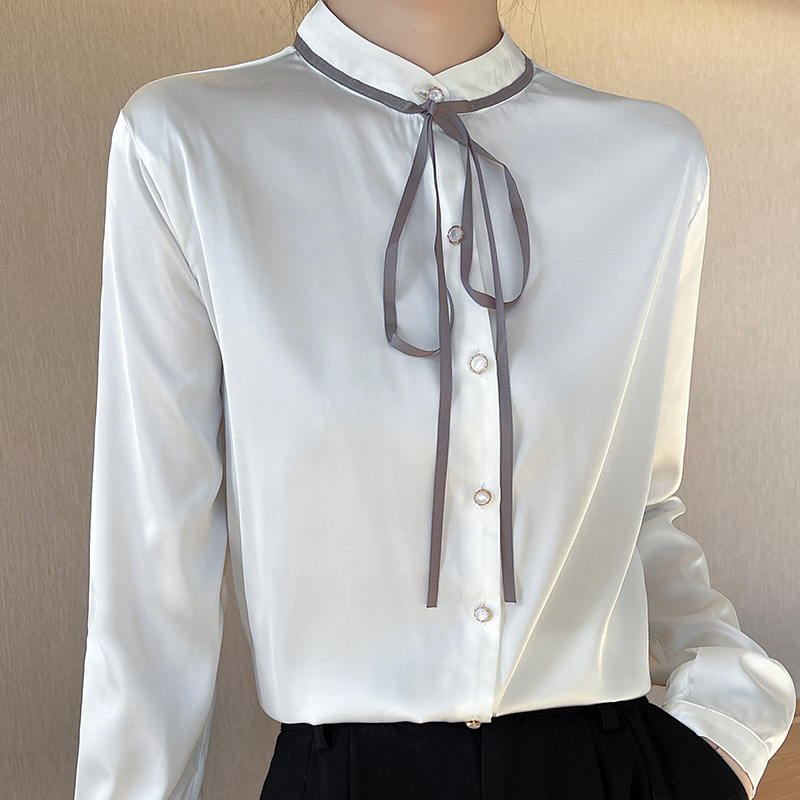 Artificial silk shirt top women's ribbon stand collar long sleeve satin button shirt 24 spring and summer new top wholesale