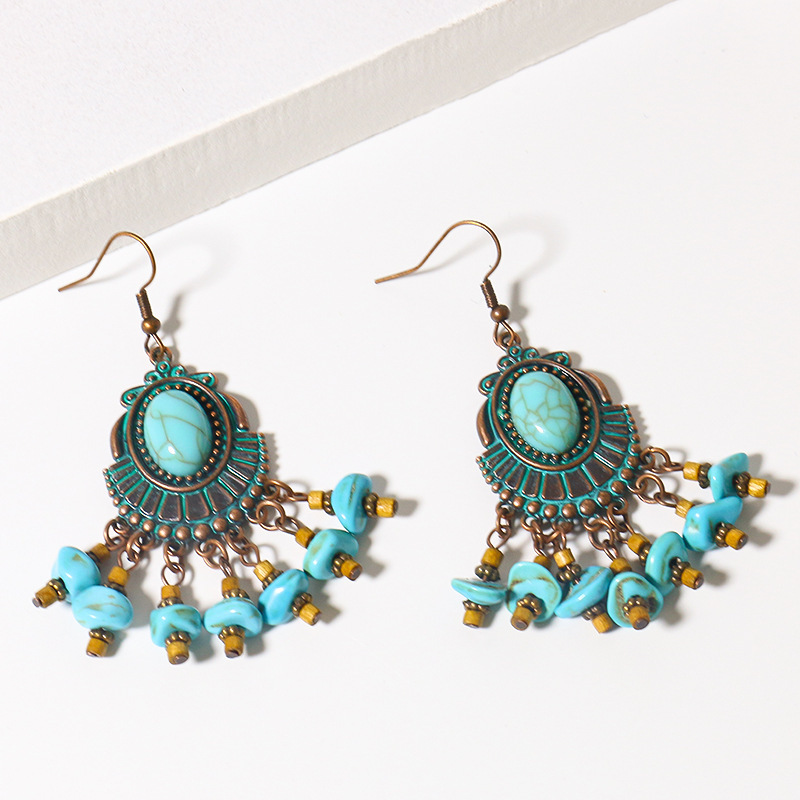 Wholesale Jewelry 1 Pair Ethnic Style Oval Water Droplets Flower Alloy Turquoise Chandelier Earrings display picture 3