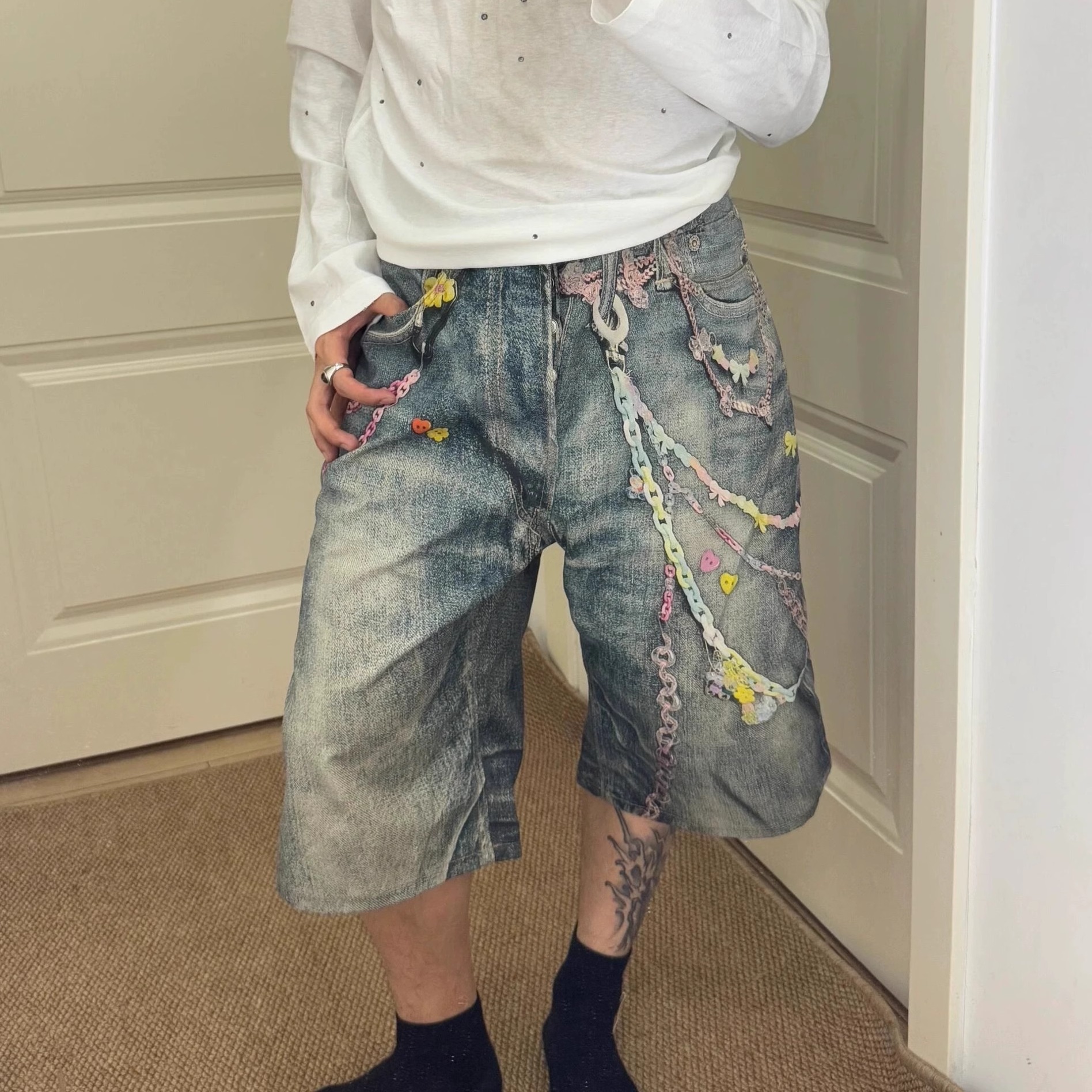 Ac Style New 1981m Candy Chain Pants 3D Printed Printed Jeans Men's and Women's Shorts Straight Cropped Pants