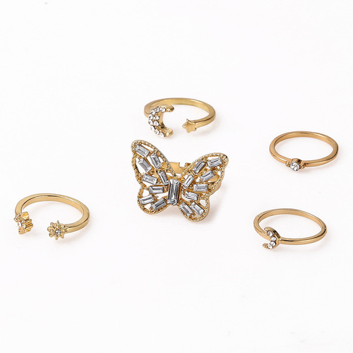 Cross-border best-selling diamond-encrusted large butterfly index finger ring 5-piece set Golden star and moon combination set open ring