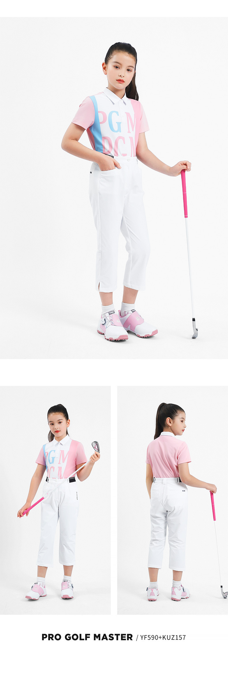 Quần cắt golf trẻ em PGM cạp co giãn, quần thể thao mùa hè cho bé gái — Yf591-áo màu xanh hải quân, YF591-Áo màu trắng, KUZ157-Quần cắt ngắn màu trắng, Kuz157-Quần cắt màu xanh nước biển chi tiết 8