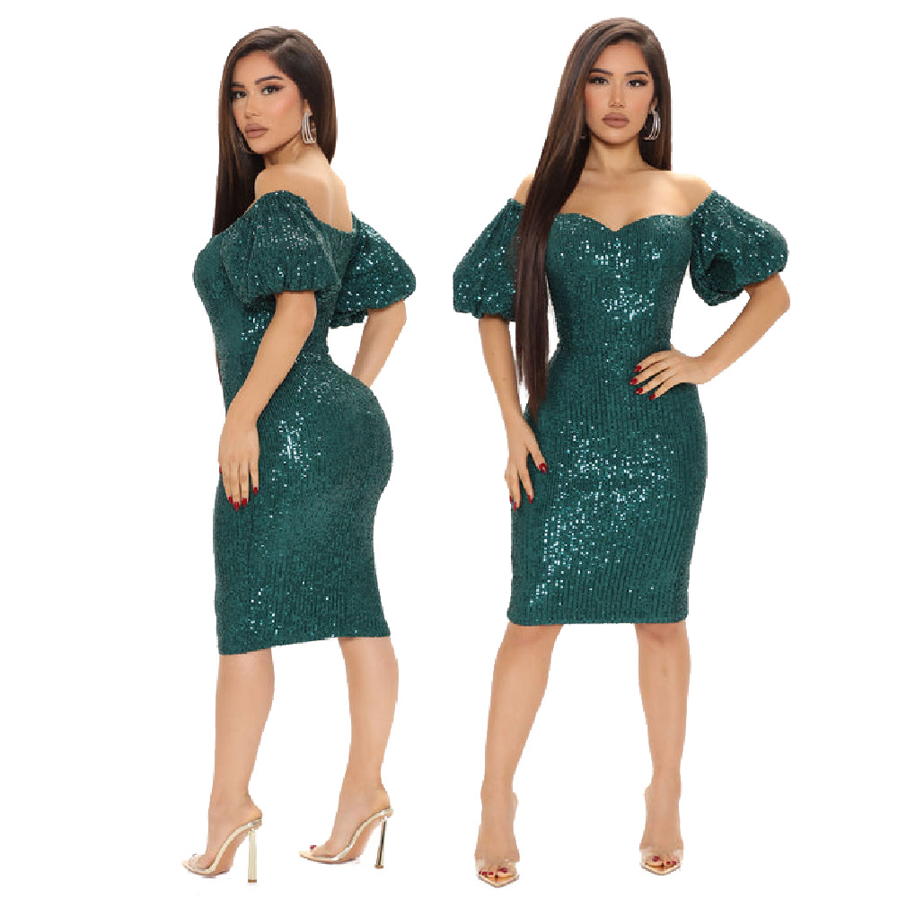 Women'S Gender Wholesale Women'S Casual Sequins Solid Color Banquet Collarless Short Sleeve Pencil Skirt