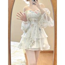 超仙雪纺碎花连衣裙女夏季高级感气质仙女不规则裙收腰小个子短裙