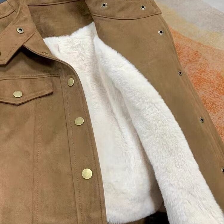 Fleece-Lined Casual Biker Jacket Stylish American Stand Collar Short Coat Women's Top Retro Chanel Style