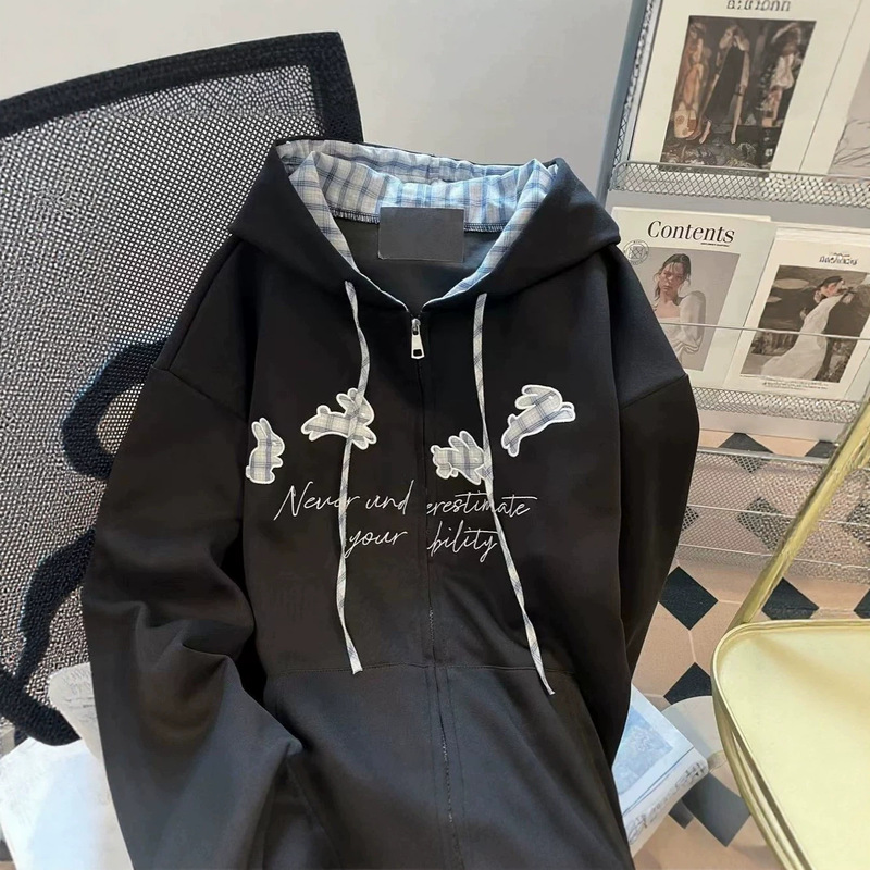American retro embroidered letter gray hooded sweatshirt, unisex niche design, couple's style, casual jacket