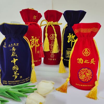 厂家直销福袋束口绒布袋酒袋创意麻布酒瓶套流苏帆布白酒袋红酒袋