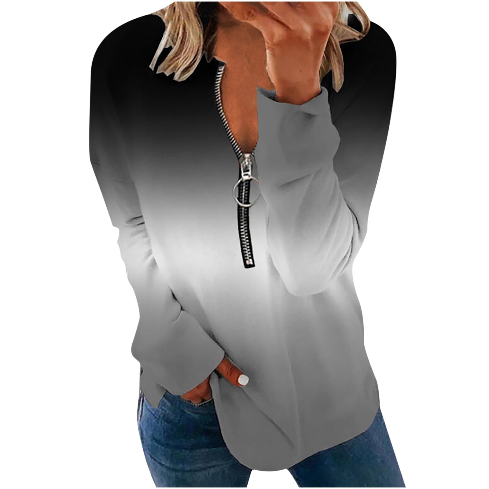 Women's Gradient Round Neck Long Sleeve Sweatshirt With Zipper_voghion.com