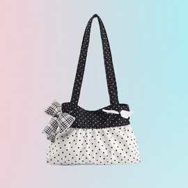 韩系古早感黑白拼接单肩包可爱个性蝴蝶结手提包小众波点托特包女