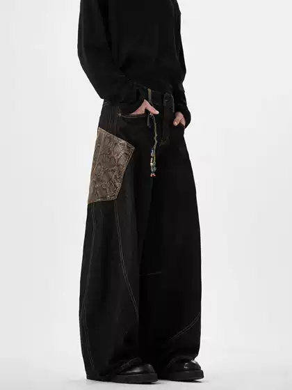 Year of the Snake Limited Scimitar Python Black Jeans Men's and Women's American Style High Street hiphop Ripper Handsome Wide Leg Snakeskin Pants