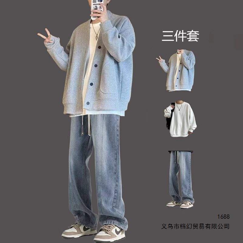 春秋华夫格男士开衫外套针织套装痞帅搭配潮牌高街牛仔裤一套