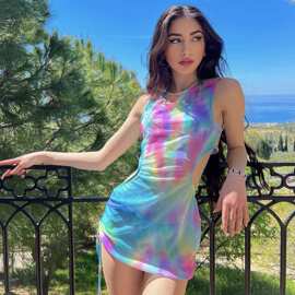 2025欧美新款渐变印花网纱裙三件套泳装泳衣比基尼bikini 跨境