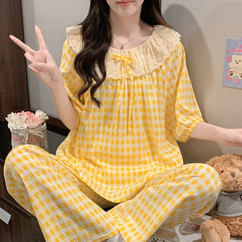 Sweet Plaid Pajamas Summer Women's Thin Cute Doll Collar Short-Sleeved Pants Back-To-School Season Home Wear Set 2028