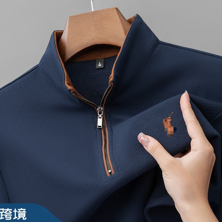 2026 Spring and Autumn Long-Sleeve Stand Collar Zipper Men's Polo Shirt with Pineapple Pattern Double-Sided Pique and Pony Embroidery Men's T-Shirt 2026 Spring and Autumn Long-Sleeve Stand Collar Zipper Men's Polo Shirt with Pineapple Pattern Double-Sided Pique and Pony Embroidery Men's T-Shirt