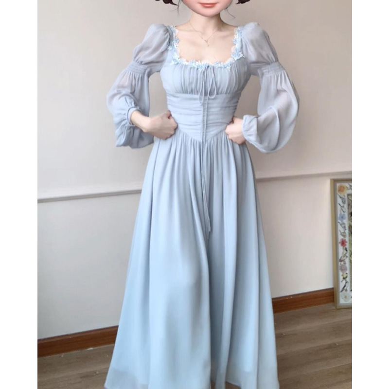 ブルーパフスリーブドレスレディース夏フレンチハイエンドウエストAラインスカートテクスチャードスクエアネックフェアリーロングスカート|undefined