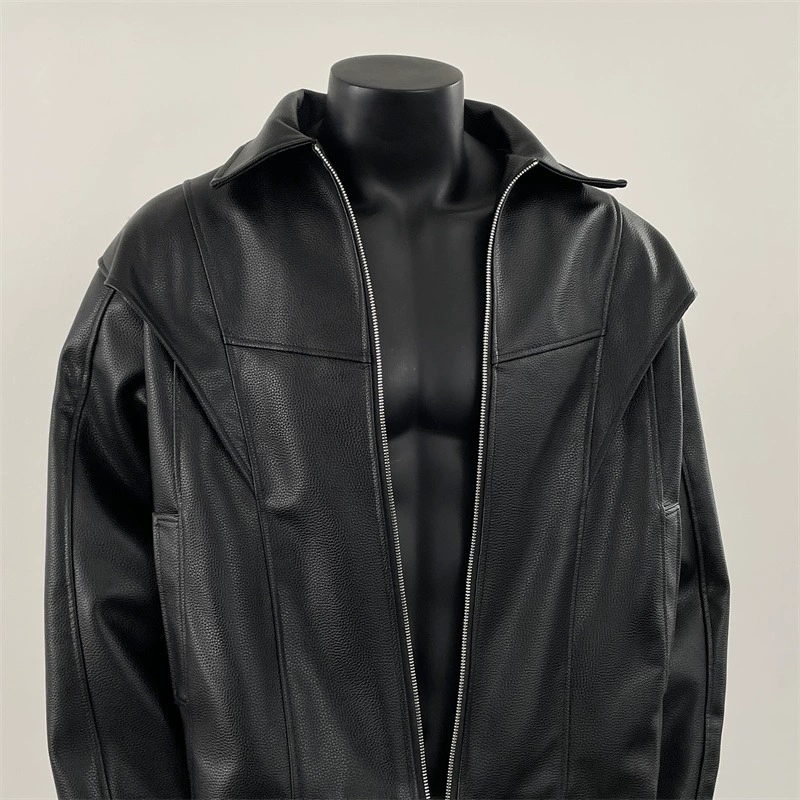 Black short demi-season polyurethane jacket, American style, high-quality style