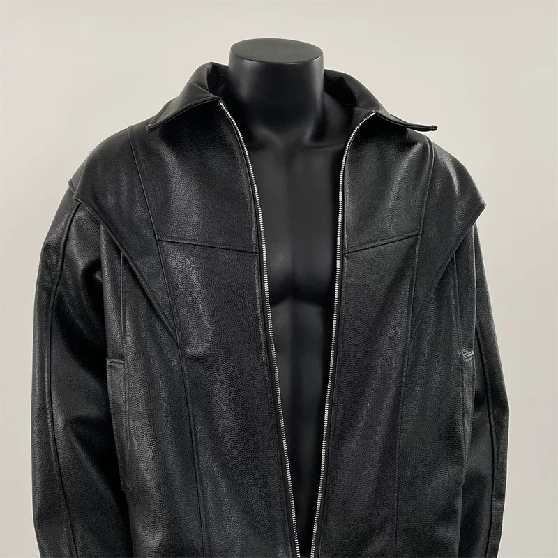 Black short demi-season polyurethane jacket, American style, high-quality style