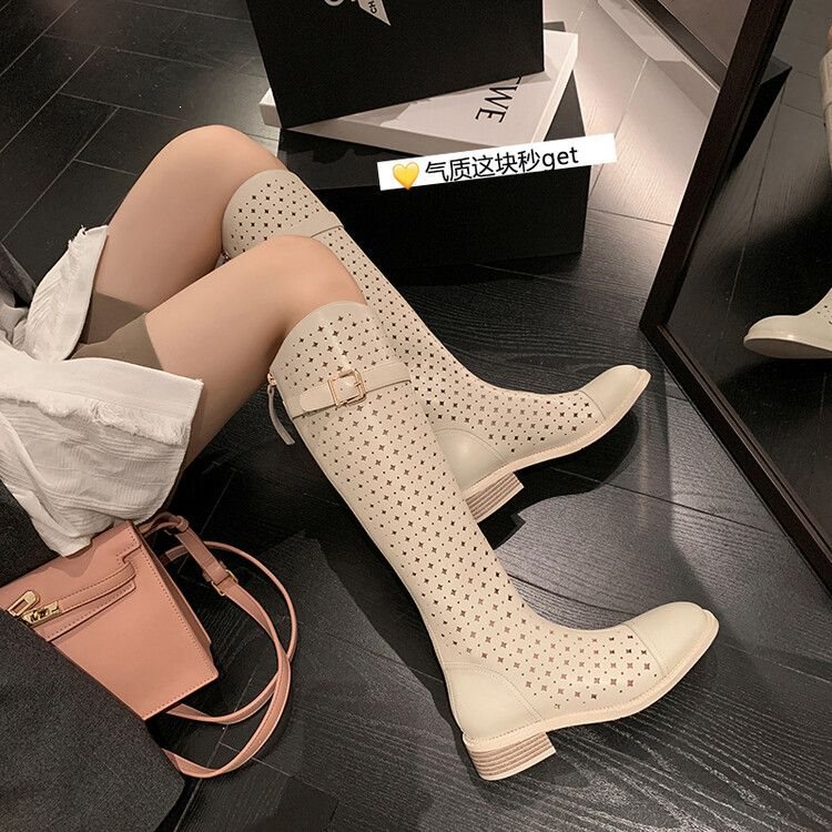 2026 popular versatile boots, spring thin hollow-out long boots, flat-soled slimming mesh boots, high-tube boots, breathable and lightweight