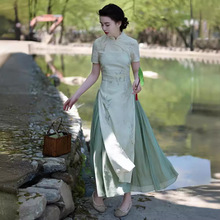 2024新款长裙新中式国风改良旗袍高级感气质绝美绿色连衣裙子女装
