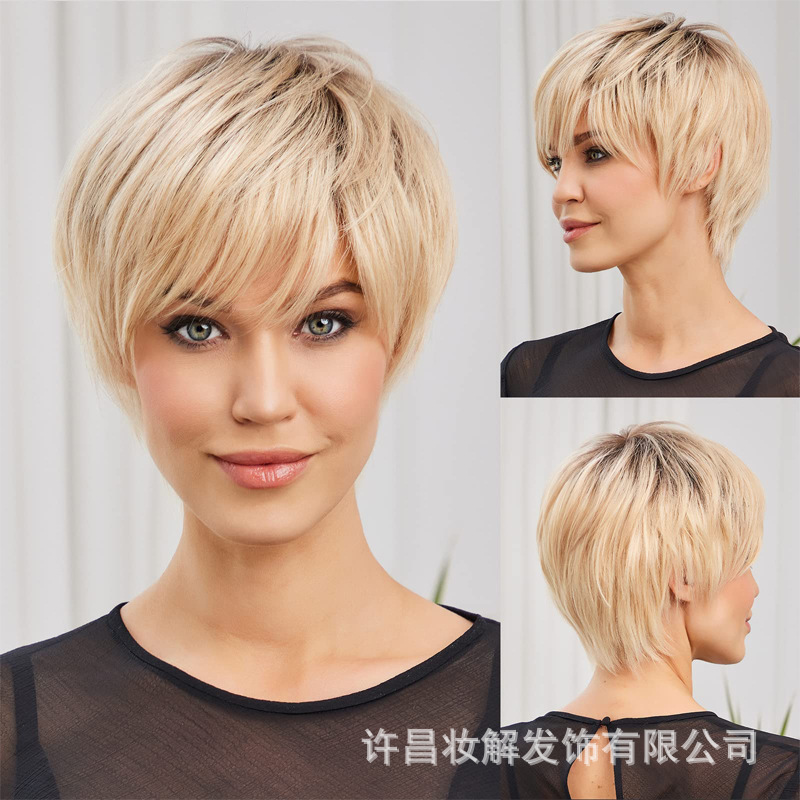 Beautiful Strawberry Blonde Chemical Fiber Wig Women's Elf Cut Straight Wig with Bangs Glue Free Wig Natural