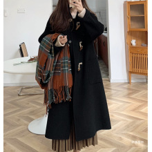 黑色牛角扣双面羊绒大衣女小个子2025秋冬新款赫本风羊毛呢子外套