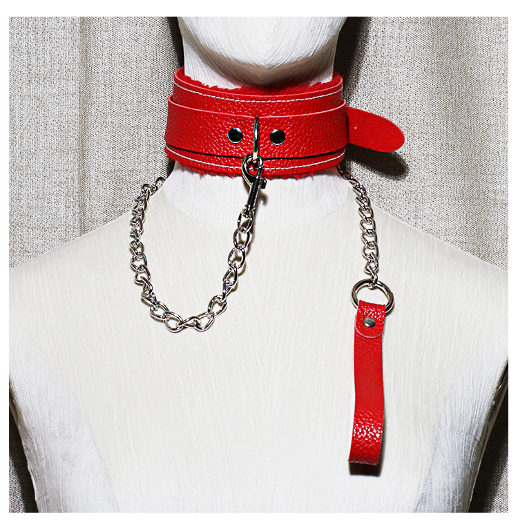 Leather Collar with Metal Traction Chain for Couples, Black Adult Accessory — detail image 8