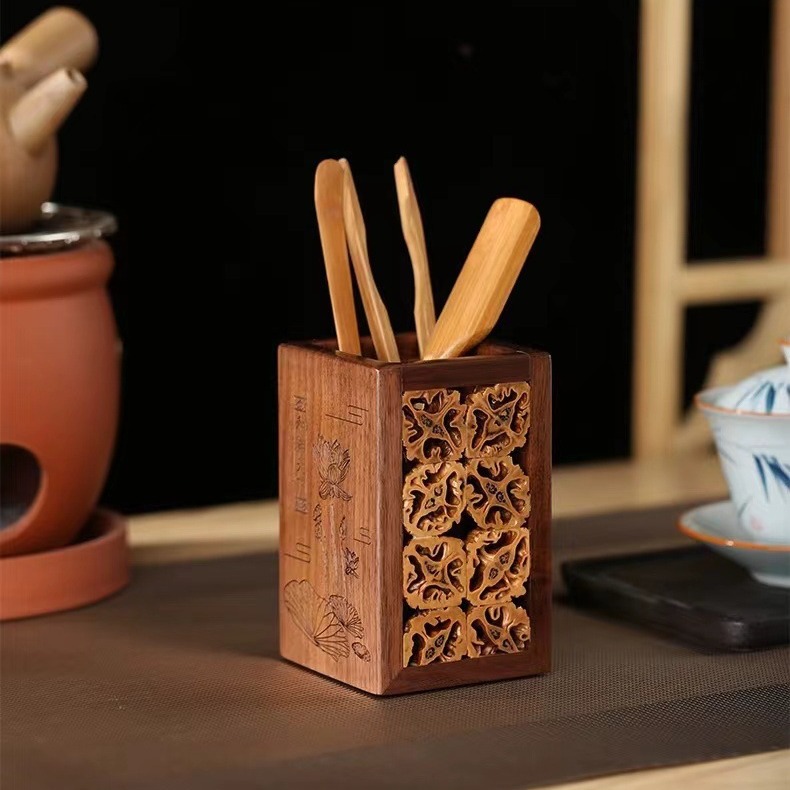 Cubo de pluma de madera sólida barril de almacenamiento de nuez barril de té barril de té barril de ceremonia de té seis caballeros ceremonia de té
