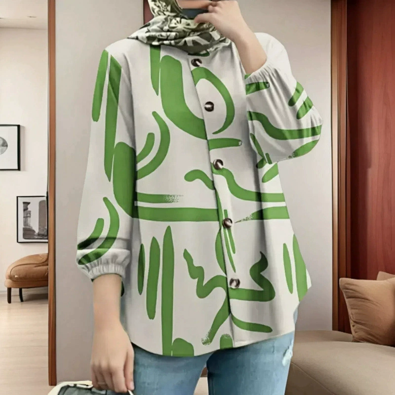 В наличии новая женская свободная модная рубашка больших размеров с пышными рукавами и принтом на пуговицах спереди, в наличии