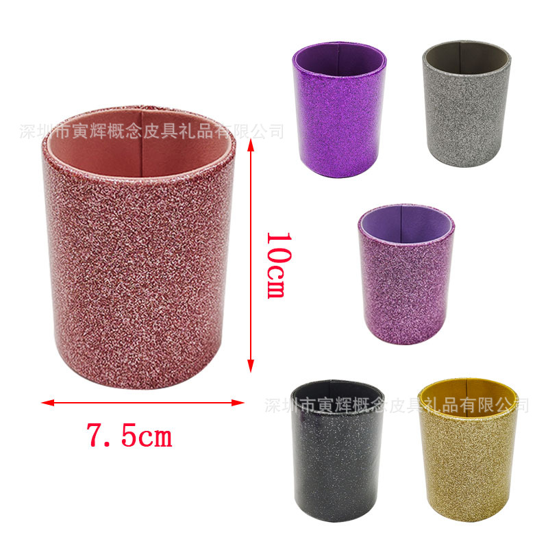 En stock suministro Amazon multicolor brillo pu almacenamiento pluma titular pluma cubo cuero creativo maquillaje cepillo
