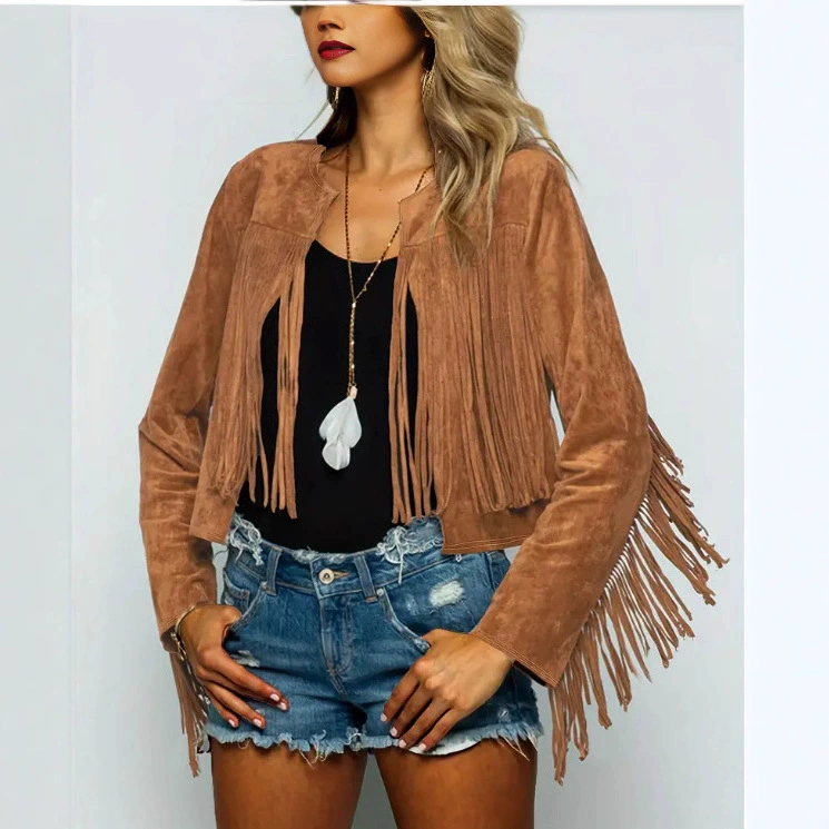 2025 трансграничная европейская и американская женская ретро-куртка с круглым вырезом и кисточками, повседневная модная куртка, кардиган из искусственной замши