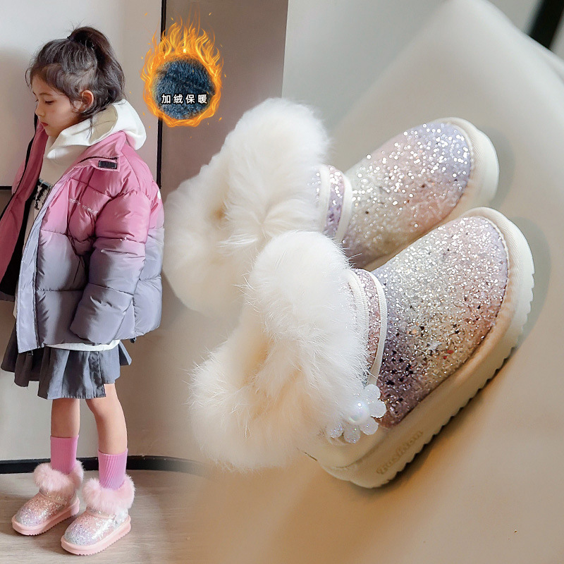 Botas de nieve de niñas 2025 invierno nuevo zapatos de algodón para niños chicas de moda botas cortas de lentejas con botas de algodón gruesas