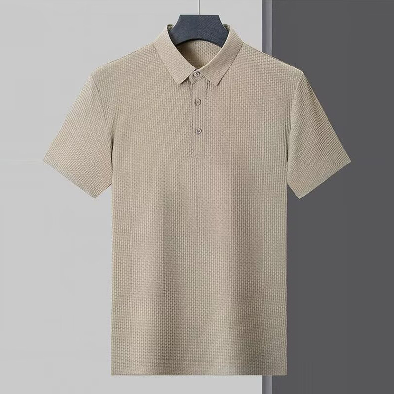 夏アイスシルクジャカードポロシャツメンズカジュアル半袖Tシャツ無地ラペル多用途スリム薄手トップ|undefined