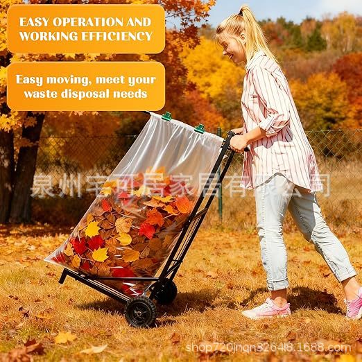 Wheeled Trash Bag Rack, Adjustable Metal Leaf Bag Rack with 4 Clips, Heavy-Duty Outdoor Mobile Trash Rack