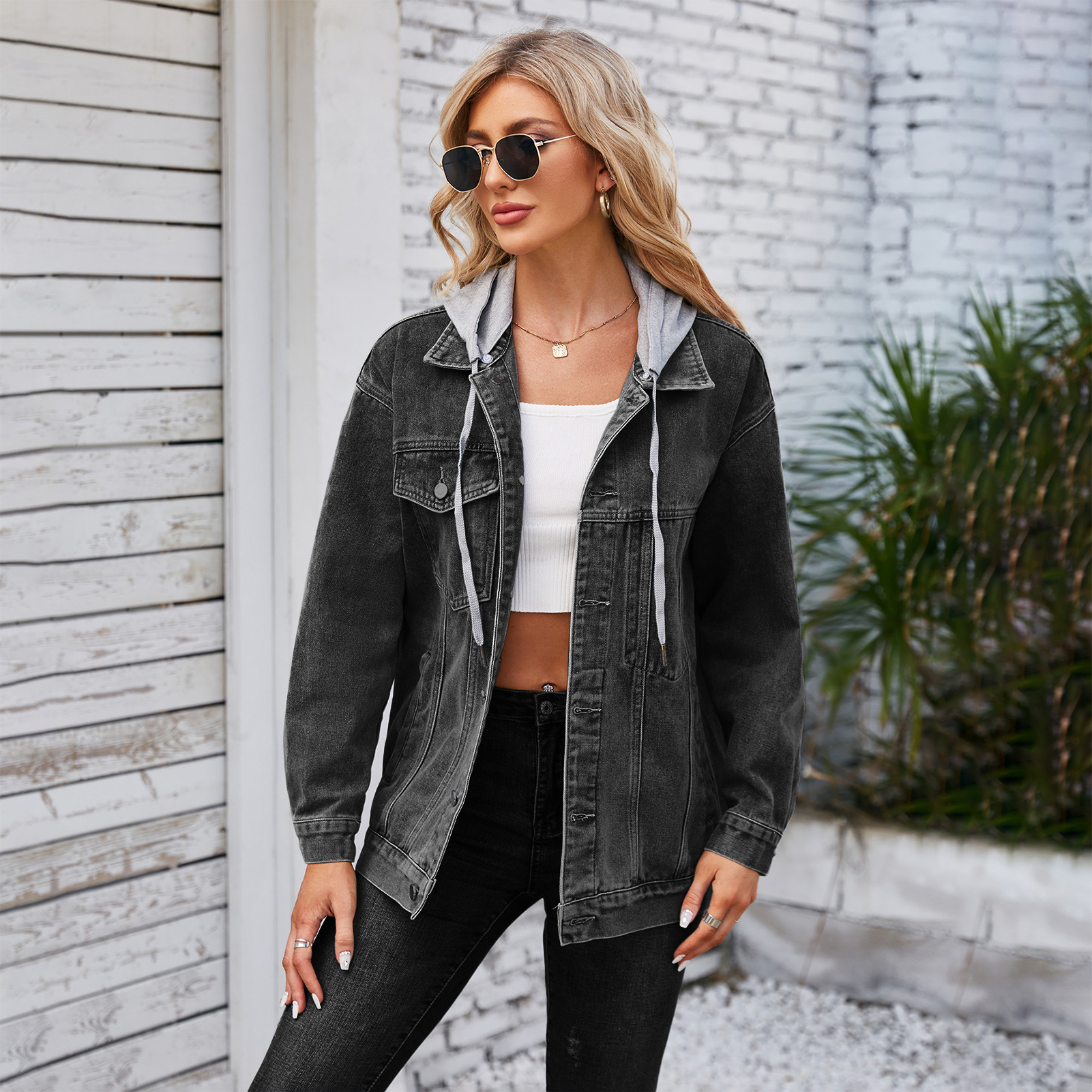 805g Weight Denim Jacket Outerwear Type Long Sleeve Sleeve Length Single Breasted Placket Type Denim Fabric Type Long Top Length Casual Occasion Turndown, Hooded Neckline Loose Fit Type Color Block Pattern Spring, Autumn Season Women's Gender Streetwear Style Women's Streetwear Color Block Single Breasted Denim Jacket 1