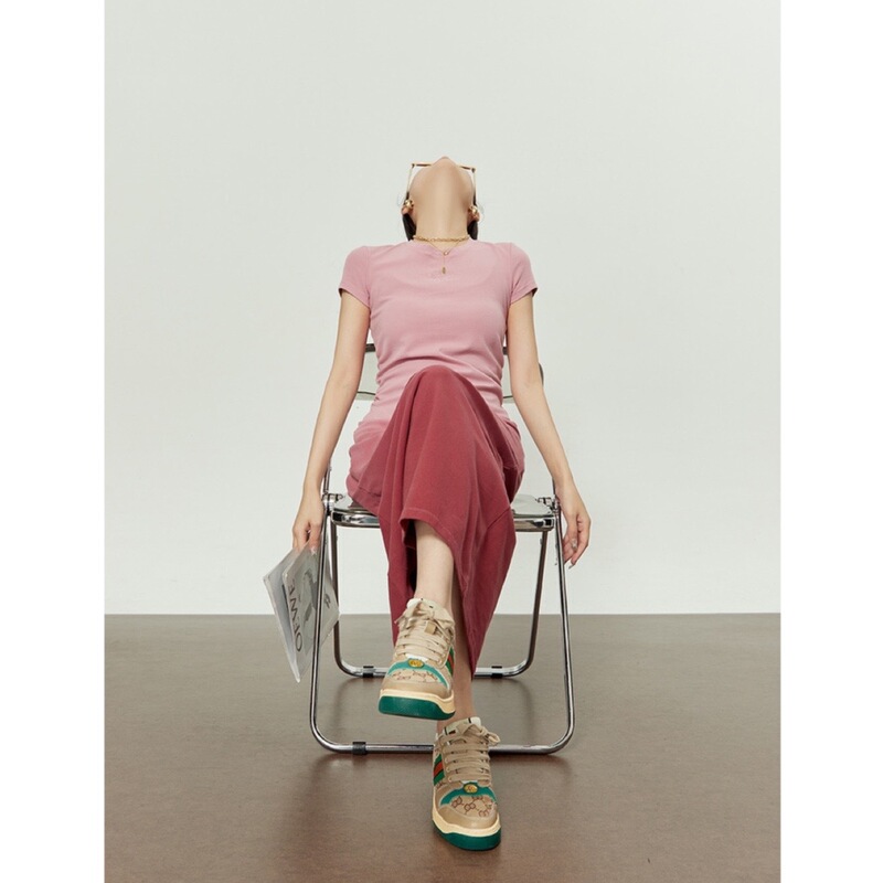 Peach Wood Color Short-Sleeved Dress for Women 2025 Summer New Casual Round Neck Gradient Embroidered Long Skirt