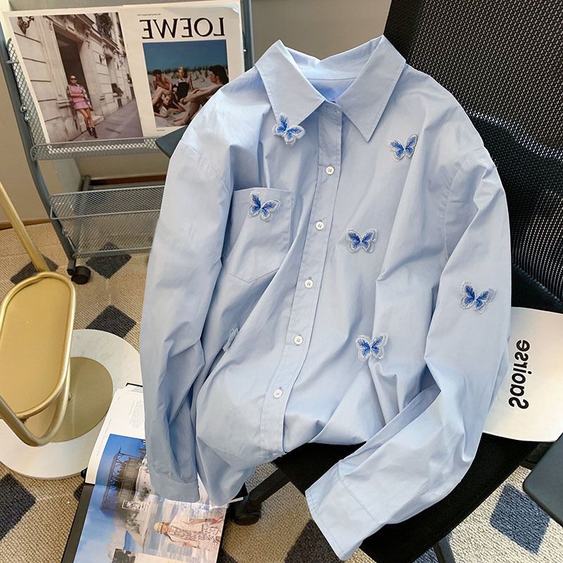 Trendy Niche Design Three-Dimensional Butterfly Shirt Jacket for Women, Spring and Autumn Thin Loose Retro Hong Kong Style Long-Sleeve Top