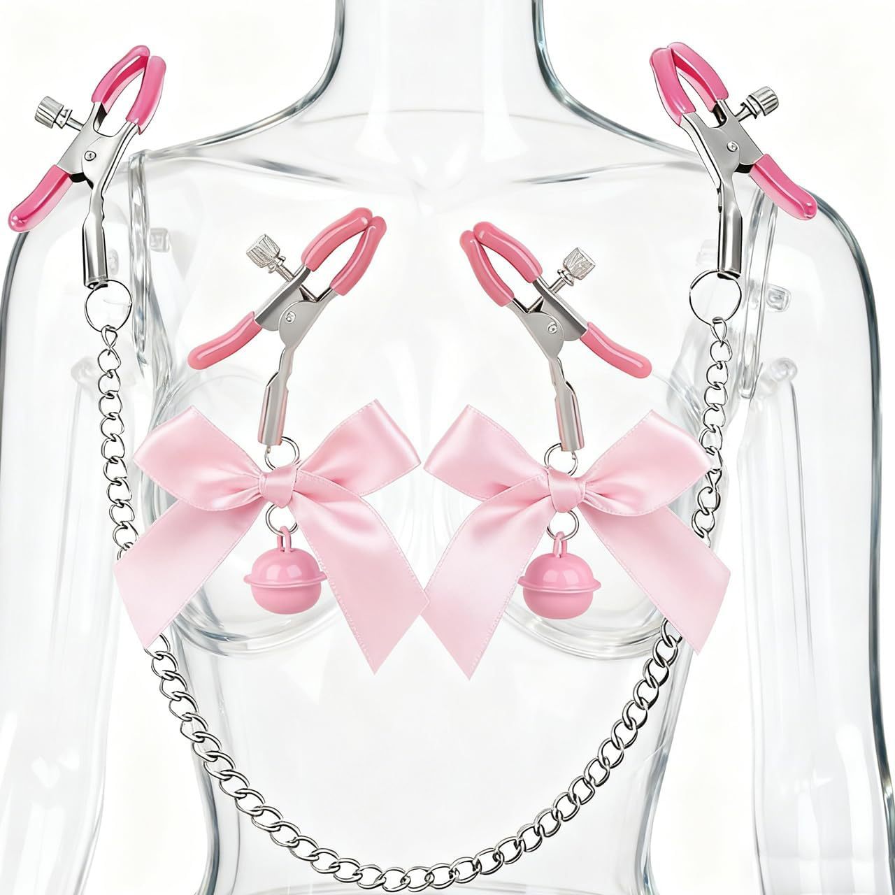 SM Nipple Clamps with Double Bells, Metal Breast Ornament Pair, Black Couple’s Intimate Play Accessory — detail image 4