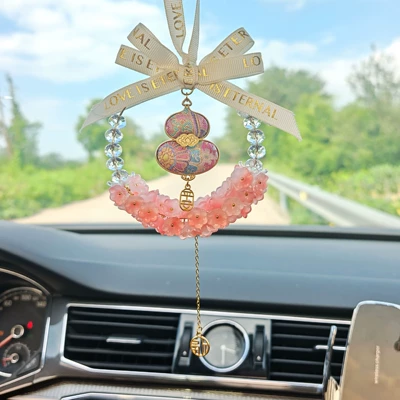 hanging rearview mirror decoration, Car hanging - pink-crystal-lily-of-the-valley-pink-embroidered-gourd-hanging-ornament