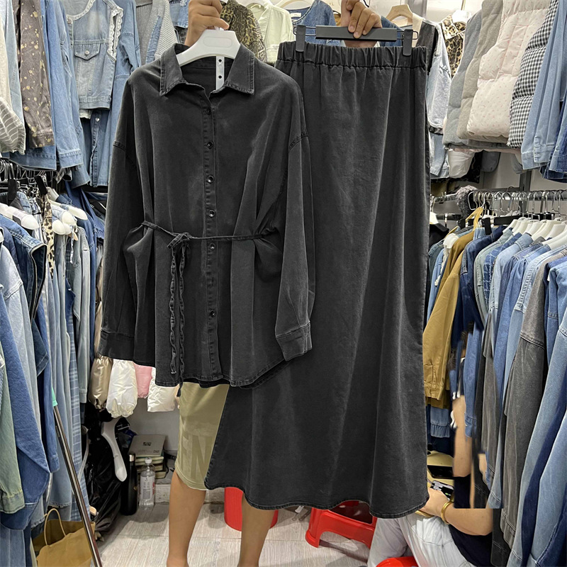2025 kuz yangi denim uzun oyak bog'langan bel bilan slim ko'ylak + elastik bel baliq dumi etagi