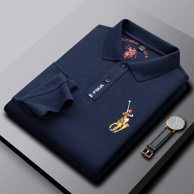 Осенняя утепленный лонгслив, мужская цветная хлопковая модная футболка polo для отдыха, (в наличии на складе), с вышивкой