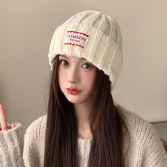 新款保暖大头围针织帽韩系简约布标套头帽户外通勤显脸小毛线帽女