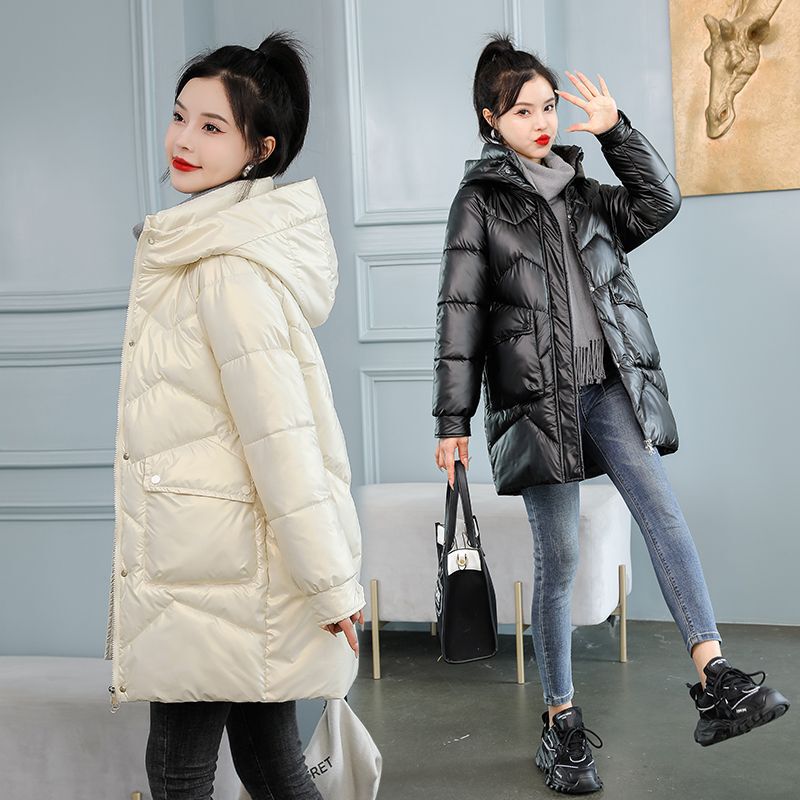 Glossy Cotton-Padded Jacket for Women, Mid-Length, 2025 Winter, Loose Korean Style, No-Wash, Thickened, Slimming down Cotton Coat