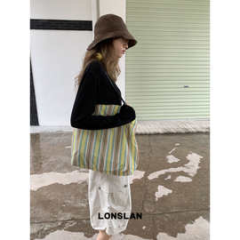 Lonslan BAG 2026春夏韩系彩虹条纹单肩拼接大容量包通勤托特包