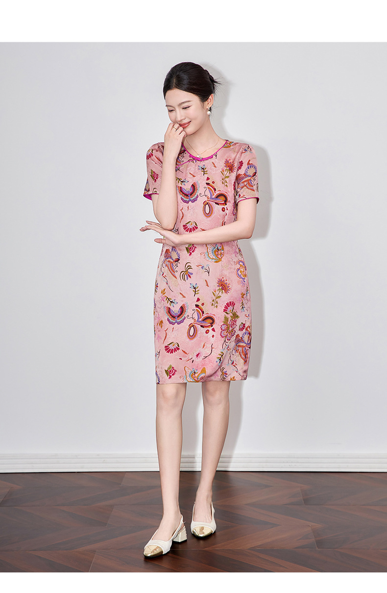 Váy sườn xám cách tân jacquard phong cách Trung Quốc chất liệu sợi mây thơm, dáng suông thắt eo, tay ngắn mùa hè — Màu xanh lam chi tiết 11