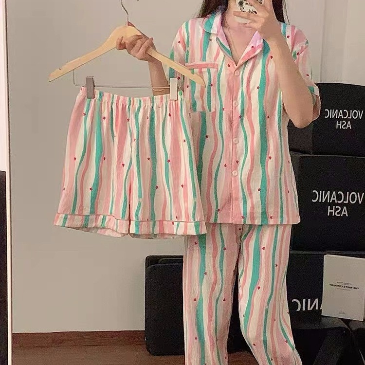 Verano nuevo pijama de algodón mujer dulce lindo ocio simple rayas se puede usar ropa de casa tres piezas conjunto al por mayor
